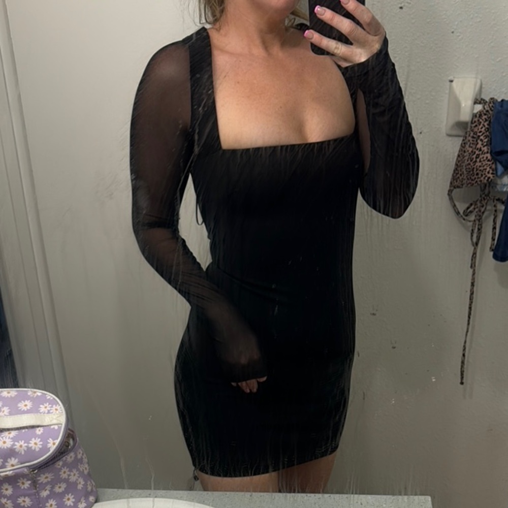 Revolve Elegant Black Dress with Sheer Sleeves